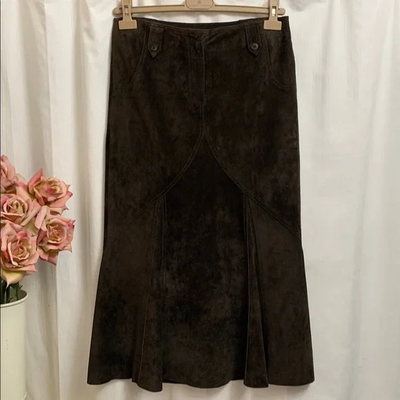 Chocolate Brown Suede Leather Maxi Skirt Vintage Quiet Luxury Euro Designer - Picture 3 of 12